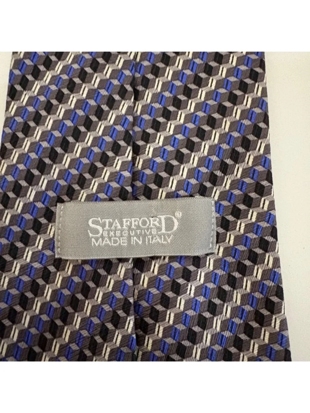 Stafford Executive Silk Tie Blue Gray Geometric Mens Necktie Italy Office Formal
